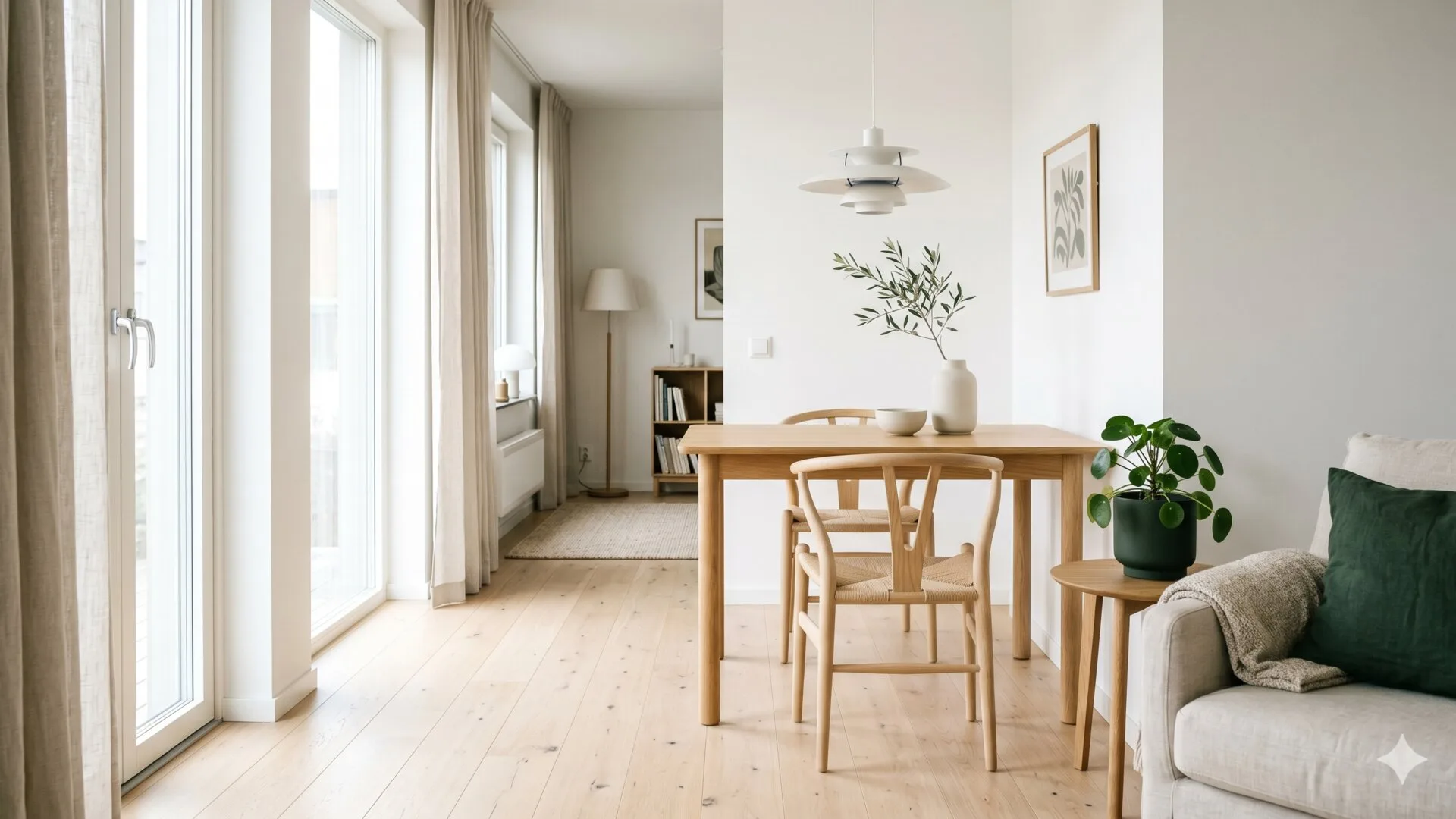 Lys, ryddig stue i skandinavisk stil — lyse tregulv, linned-gardiner, wishbone-stoler ved spisebord og dagslys fra store vinduer.