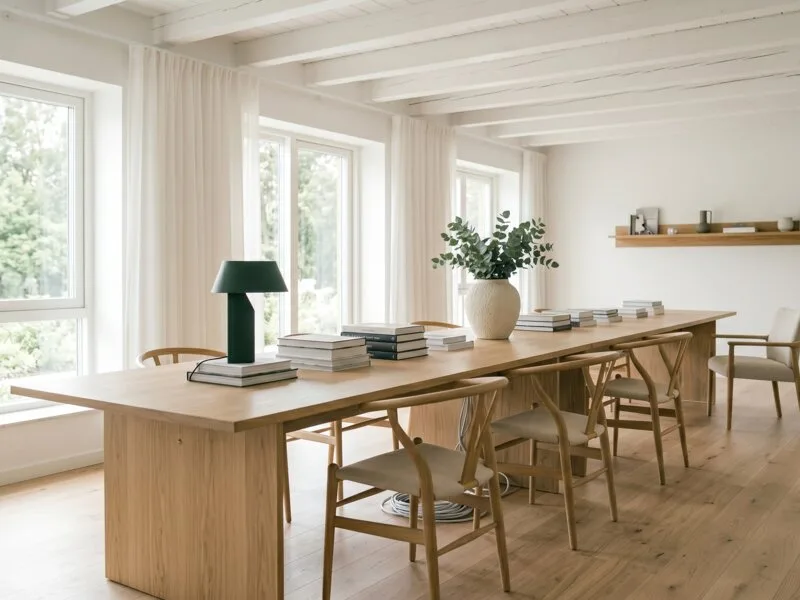Lyst spisestue med wishbone-stoler og eukalyptus i vase.