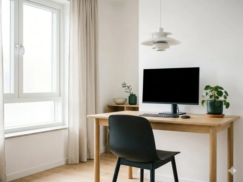Rolig hjemmekontor med eike-skrivebord og PH-lampe.