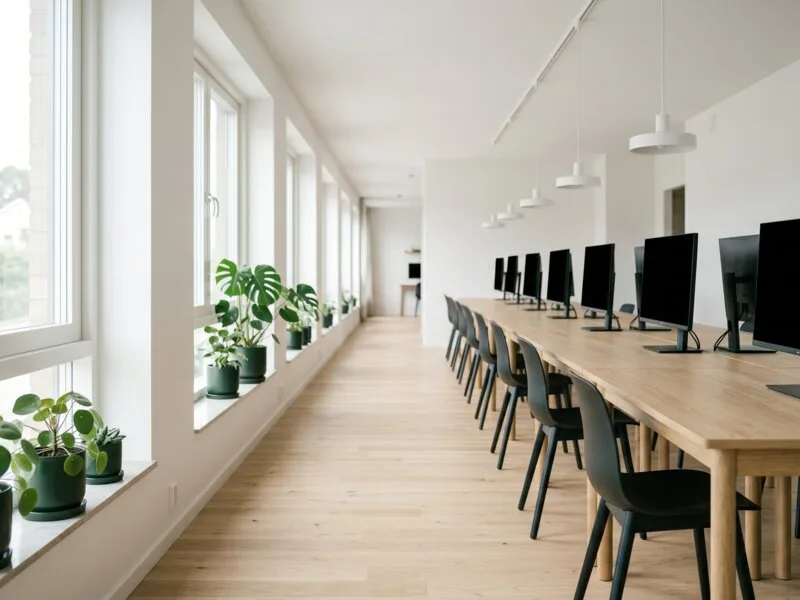 Lyst kontorlandskap med langt tre-arbeidsbord og dagslys.